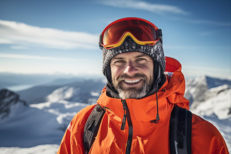 Skiing in Paradise: A Happy Male Skier Conquering the Mountain in His Red Jacketの素材