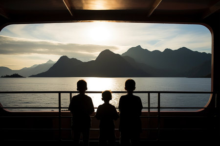 The Enchanting Vista: Three Little Boys Embracing the Majestic Ocean and Mountains Through the Ferry Boat Windowの素材