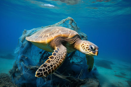 Desperate Struggle: Sea Turtle Trapped in Abandoned Fishing Net Unveils Ocean's Grave Perilsの素材