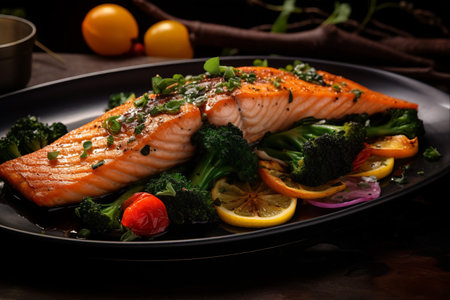 Deliciously Roasted Salmon and Bountiful Vegetables: A Perfect 3:2 Culinary Harmonyの素材