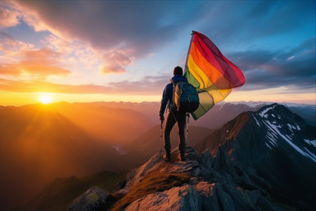 Pride on the Peaks: Embracing Diversity and Adventure with a Mountaineer Man's Rainbow Flagの素材