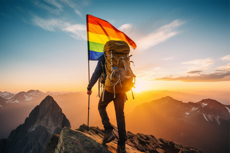 Embracing Sexual Diversity: Mountaineer Man Conquers Mountains with his Pride Flag at Sunsetの素材