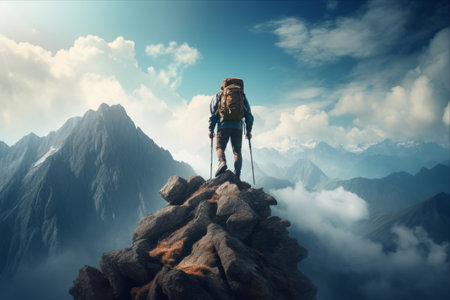 Ascending Peaks: Embracing Adventure and Liberation as a Male Hiker Conquers Mountain Heights - AR 3:2の素材