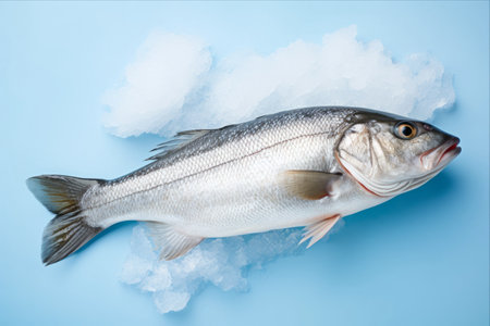 Frozen Delicacy: Top View of Seabass Fish on Ice, Against a Blue Backgroundの素材