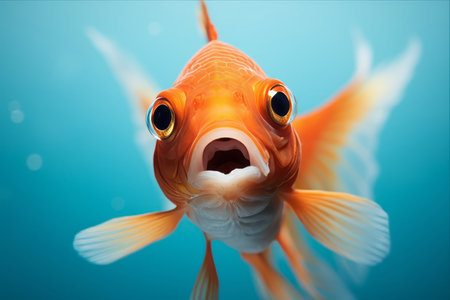 Mesmerizing Macro Close-Up: Astonishing Red Fish with Open Mouth in Captivating Blue Backgroundの素材