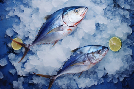 Savoring the Ocean's Bounty: A Captivating Display of Raw Fresh Tuna, Herring, and Flounder on Chilled Metal Background with a Touch of Classic Blue â AR 3:2の素材