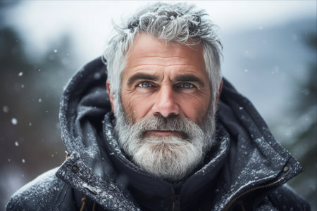Winter Serenity: Captivating Portrait of Senior Man Embracing Snow-Covered Natureの素材