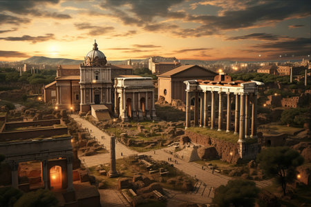Resplendent Twilight at the Roman Forum: A Hauntingly Serene Glimpse into Ancient Rome's Political Heartの素材