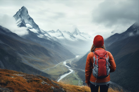 Majestic Alpine Trek: A Rain-Soaked Adventure with an Asian Female Hiker in the Swiss Alpsの素材