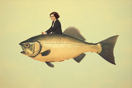 Whimsical Fish-Riding Lady: Vibrant Minimalist Collage on Beige Backgroundの素材