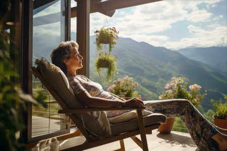 Serene Escape: Middle-Aged Woman Embracing Mountain Bliss on a Sunny Summer Dayの素材
