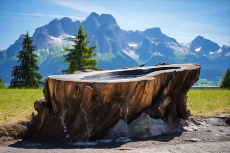Rustic Alpine Charm: Tree Trunk Fountain and Mountain Landscape in the Wetterstein Mountainsの素材