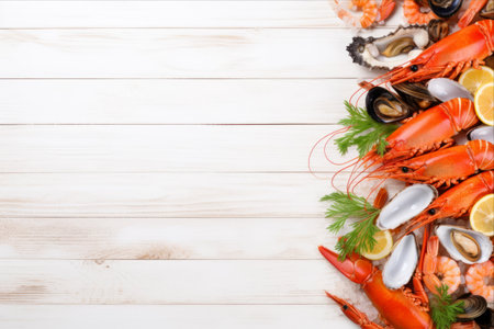 Ocean Delicacies: A Bountiful Spread of Fresh Seafood on a White Wooden Backgroundの素材