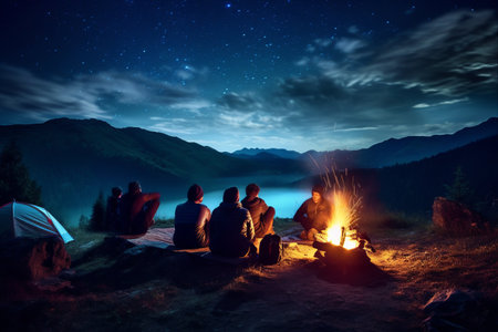 Enchanting Night Camping: Bonfire, Forest, and Majestic Mountains Illuminated by the Glowing Milky Wayの素材
