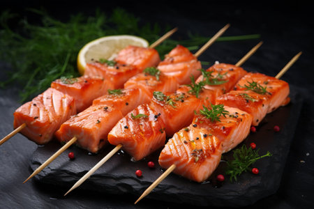 Savor the Freshness: Delectable Raw Salmon Skewers on a Stone Backgroundの素材
