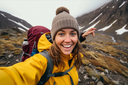 Adventure and Joy: A Young Backpacker Captures the Essence of Travel Happiness Amidst Rocky Mountainsの素材