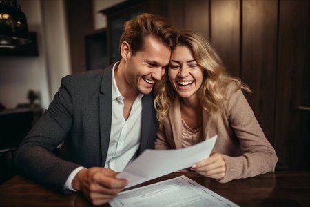 Financially Savvy: Smiling Young Couple Delving into Finances with Determination --ar 3:2の素材