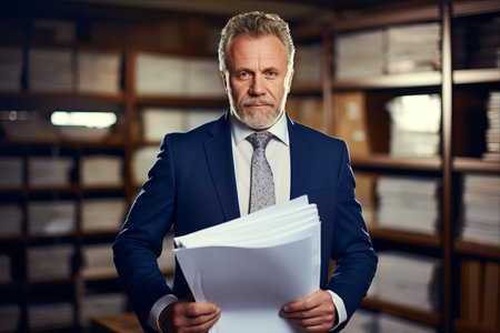 The Exemplary Professional: A Portrait of a Successful Mature Businessman Amidst Papers in His Officeの素材