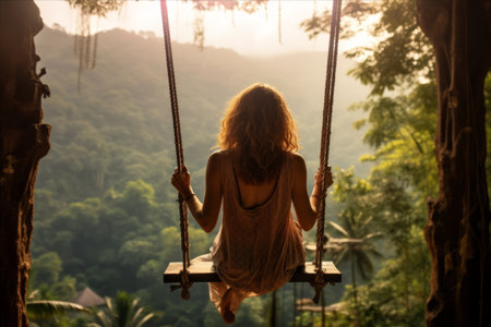 Serenity in the Tropics: A Woman's Retreat on a Swing in Bali's Enchanting Mountainsの素材
