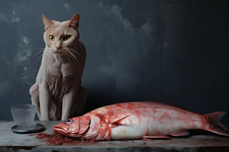 Capturing the Vibrant Essence: A Showcase of Raw Uncooked Sea Fish and a Red Cat on a Gray Concrete TableâAR 3:2の素材