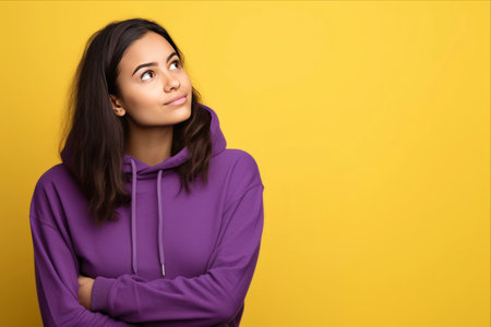 Pondering the Unknown: A Captivating Portrait of a Contemplative Woman in Purple Hoodieの素材