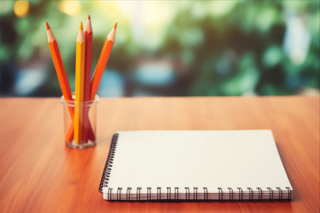 Don't Miss a Beat: Organize Your Thoughts with Notepad and Vibrant Orange Pencils on an Office Backgroundの素材