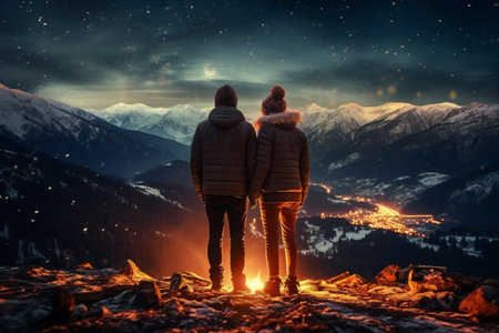 Romantic Night Adventure: Hiking Couple Embrace Nature's Beauty under Starry Sky with Luminous Town in the Backgroundの素材
