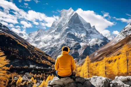 Serenity amidst Majesty: Captivating Rear View of Asian Man atop a Rock, Gazing at Yangmaiyong Mountain in Yading, Sichuan Province, Chinaの素材