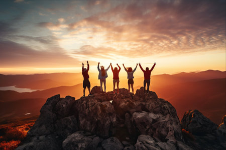 Joyful Friends Embrace the Splendor: A Mesmerizing Sunset Adventure on the Mountain Topの素材