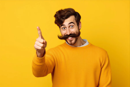 The Empowered Guide: Confident Young Man Reveals Essential Insights on a Vibrant Yellow Canvas - Symbolizing the Power of Information. --ar 3:2の素材