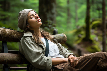 A Moment of Serenity: Capturing the Bliss of a Woman Backpacker Resting on a Forest Bench During a Mountain Hike - AR 3:2の素材
