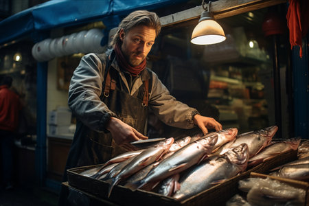 The Captivating Display of Fresh and Smoked Mackerel Fish in a Fish Store --AR 3:2の素材