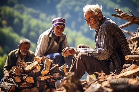 Traditional Turkish Family: Retired Senior Man Bonds with Loved Ones Gathering Firewood in Altinkaya Village, Antalya Mountainsの素材