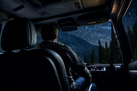 Nightly Rapture: Glimpsing the Mesmerizing Milky Way from the Rocky Roads in a Black Carの素材