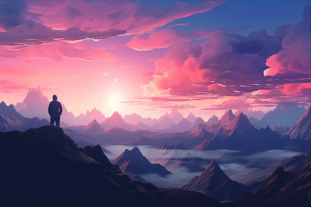 Majestic Rocky Mountains: A Tranquil Sundown Reflection with an Enigmatic Observerの素材