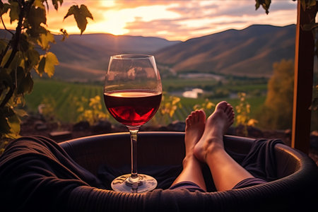 Serenity in the Wild: Unveiling the Blissful Moment of a Young Woman, Basking in a Hot Tub with Wineの素材