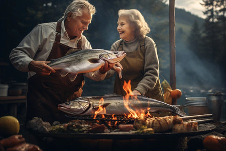Fireside Delights: Heartwarming Moments of a Senior Couple as They Grill Fresh Fish at Campfireの素材