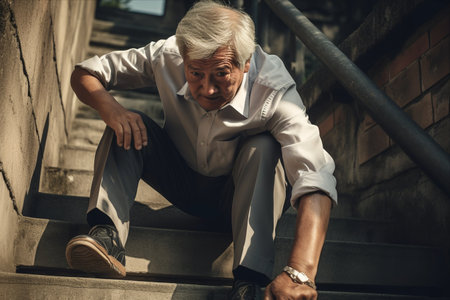 Triumph over Adversity: Resilient Asian Elder Overcomes Painful Knee to Conquer Stair Climbingの素材