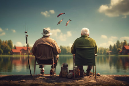 Serene Moments: Senior Friends Bonding Over Lake Fishingの素材