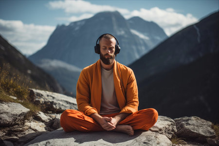 Zen in the Wilderness: Immersive Mountain Yoga Tutorial with Yogi Wearing Headphonesの素材