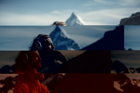Elevate Your Practice: Yogi's Guided Headphone Yoga Tutorial amidst Majestic Mountainsの素材