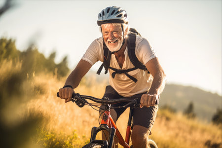 Thriving Senior: Conquering the Outdoors on his Color Toned Mountain Bikeの素材