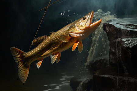 Mastering the Art of Pike Fishing: Capturing the Elusive Fish in a Landing Net with a Spinning Rod on the Rock (3:2 Aspect Ratio)の素材