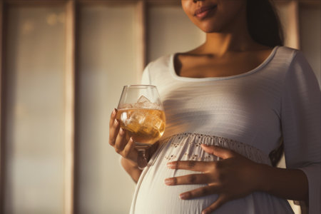 The Vitality of Hydration During Pregnancy: A Pregnant Woman's Belly Cradling a Glass of Waterの素材