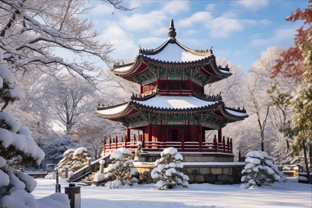 Winter Wonderland: A Captivating View of Hwangudan Temple in Josun, Seoul, South Koreaの素材
