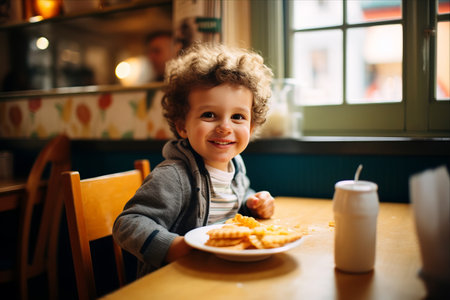 Adorable Preschooler Enjoying Fish and Chips in a Cozy Local Restaurant in Stockholmの素材