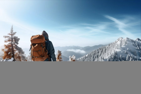 Winter Wanderlust: Adventurous Tourist Trekking through Snowy Pine Mountainsの素材