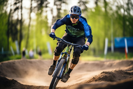 Thrilling Pump Track Action: Cool Athlete Cyclist Conquers Aggressive Turns in Moscowの素材