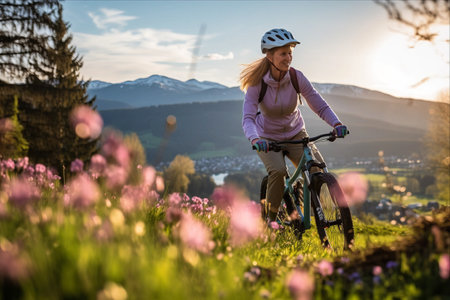 Springtime Serenity: A Senior Woman's Enchanting Ride through the Allgau Mountainsの素材