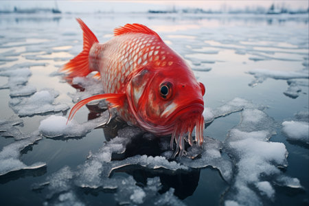 Crimson Beauty: The Enigma of Red Fish in the Frozen Pondの素材